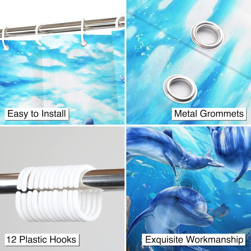 Simpomsy Dolphin Bathroom Curtains, Underwater Shower Curtain 180x180cm - Blue