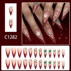 Christmas Press on Nails Red Glitter French Tip Fake Nails Medium Stiletto False Nails with Design Santa Claus,Xmas Tree,Candy Cane,Snowman Glue on Nail Full Cover Winter Nail for Women Manicure 24Pcs