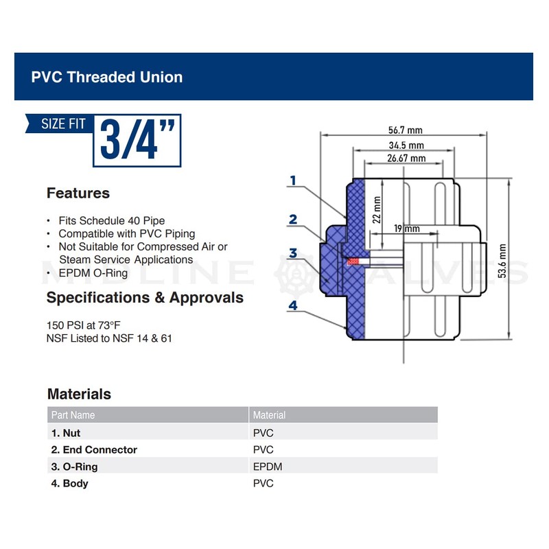 Midline Valve PVC Union Coupling Pipe Fitting 3/4'' FIP White