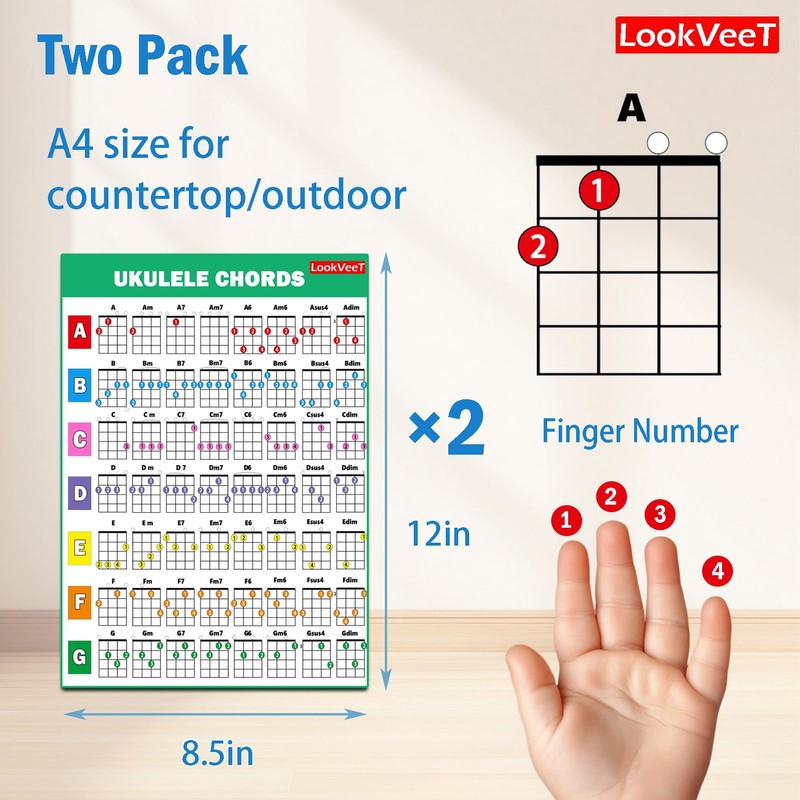 LookVeeT 2 Pcs Ukulele Chord Chart Reference Guide, A4 Size