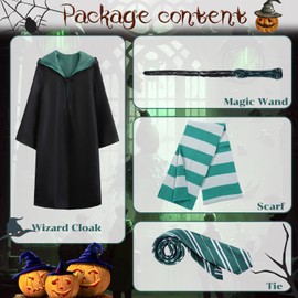Formemory Halloween Costume, Complete Halloween Cosplay Costume, Robe, Necktie, Scarf, Magic Wand (Makes a Noise and Glows Light), 4-Piece Set, Green, Tools, 7 Sizes, Costume, Robe, Unisex Tie, Magic