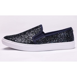 FEVERSOLE Mocasines planos informales para mujer, Escarcha azul marino, 8 US