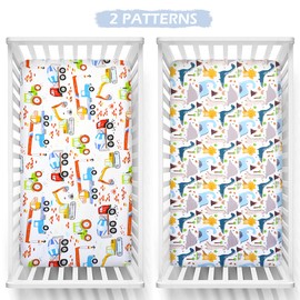2 Pack Cot Bed Fitted Sheets 140 x 70 cm for Girls and Boys Easy Care Soft Cotton and Durable Unique Car Dinosaur Pattern