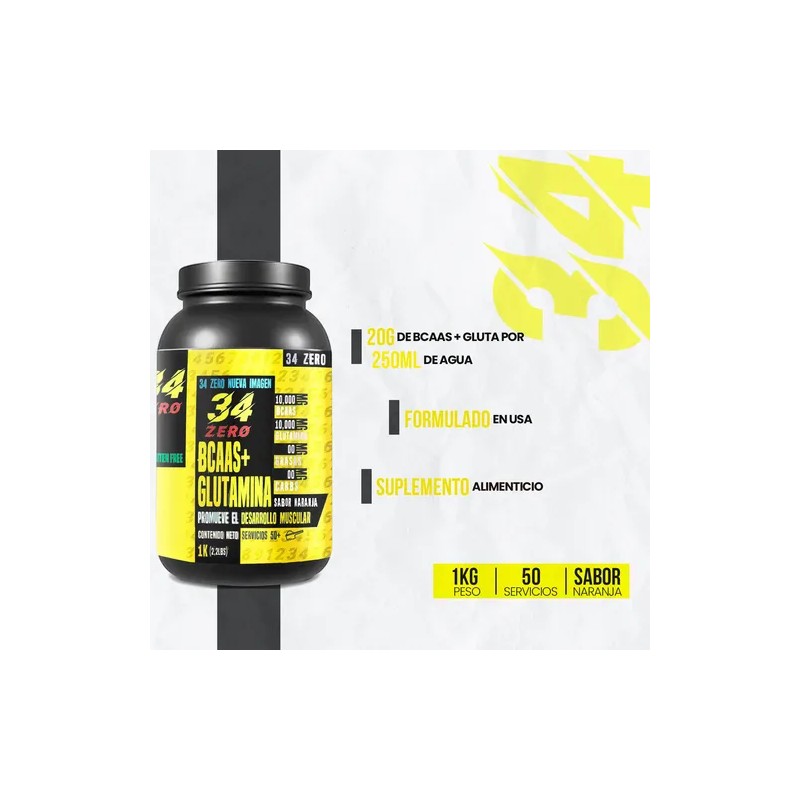 Aminoácidos Bcaas + Glutamina 34 Zero 1kg Varios Sabores