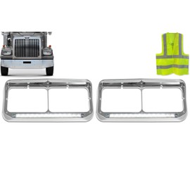 KOZAK C500 Headlights Bezels Chrome with 12" Clear/White LED Light Strip Bar 2 Pcs (Passenger Right & Left Driver Side) For Western Star 4900 PLUS Reflective Vest