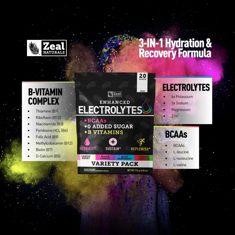 Zeal Naturals Enhanced Electrolyte Powder Stick Packs (Variety Pack -