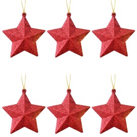 6 PCS Red Star Hanging Baubles Ornaments, 3D Glitter Star Baubles Christmas Tree Decorations, 5CM Christmas Star Bauble Christmas Tree Decoration, Red 7cm
