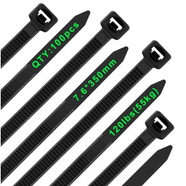 Viuxule 120lbs Cable Ties Heavy Duty, 100pcs 14 inch Long Thick Zip Tie with UV Resistant, 350mm×7.6mm Black Strong Nylon Plastic Self Locking Tie Wraps for Workshop, Gardening, Indoor and Outdoor