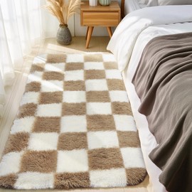 Ecoshag Soft Rugs for Living Room, 3x4.8 Ft Beige and White Checkered Fluffy Shaggy Rugs for Indoor Use, High Pile Ultra Fuzzy Rug for Bedroom Kids Nursery Rooms,Home Decor Aesthetic