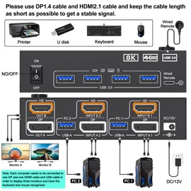 Dual Monitor KVM Switch 2 Port 8K@60Hz 4K@144Hz HDMI+DP USB 3.0 Switch Extended Display 2 Monitors 2 Computers with USB 3.0 Cables Wired Controller