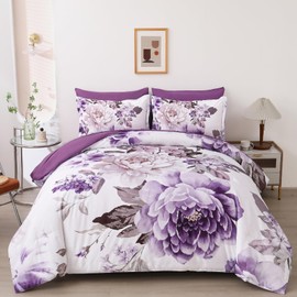 Dintszyayue Purple Floral Comforter Set King Size 7 Pieces, Elegant Flower Bed in a Bag, Lightweight Bed Set Comforter Set for All Season with Flat Sheet, Fitted Sheets, Pillowcases & Shams