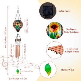 VEWOSTAR Solar Wind Chimes for Outside,Sunflower Hanging Wind Chime,LED Solar Lanterns Windchimes,Memorial Wind Chimes for Mom Women,Outdoor Wind Chime Deep Tone,Sunflower Windchime for Garden Yard