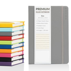 A5 Notebook Ruled Lined Journal with Faux Leather Hardback Cover and Premium 120gsm Thick Paper (128 Cream Pages, Grey)