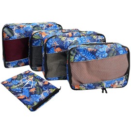 5PCS Travel Packing Cubes Value Set Clothes Luggage Organizers Compression Pouches (Light blue leaf)