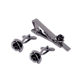Jonwo Rose Flower Cufflinks and Tie Pin Set Regular Necktie Tie Clip Tie Bar Men Cufflinks for Wedding Business Shirt Tie (Gunmetal Cufflinks Tie Pin Set)