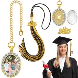 XunYee 2 Pcs Graduation Tassel Memorial Photo Charm 2025 Graduation Cap Sewing Tassels Picture Frame with Chain for Mortarboard Cap Topper Grad Gift(Black and Gold)