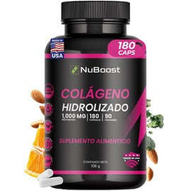 NuBoost Colágeno Hidrolizado 1000 mg - 180 Cápsulas - Con Biotina, Vitamina C y Ácido Hialurónico - 90 Porciones - Péptidos de Colágeno - Suplemento  