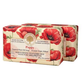Wavertree & London Poppy Scented Natural Soap (2 Bars), 7oz Moisturizing French Triple Milled Soap Bars enriched with shea butter - Pure Plant Oil Bath & Body Soap for All Skin Types