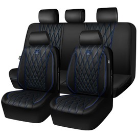 CAR PASS Piping Luxury Leather Seat Covers Full Set,5 Seats Anti-Slip Waterproof Seat Covers Compatible with Front Armrests,Universal Fit for Sendan SUV Van Truck,Airbag Compatible,Black and Blue