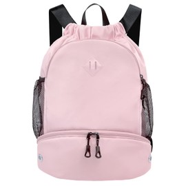 Drawstring Backpack Gym Backpack with Shoe Compartment for Men Women String Sports Bag with Wet Pocket Cinch Swim Beach Bag, Pink