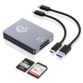 CFexpress Type A/SD Dual Slot Card Reader USB C, 10Gpbs USB3.2 Gen 2, Compatible with CFexpress Type A Card/SD Memory Card, Aluminum CFexpress Memory Card Adapter with USB C to USB C/USB A Cable