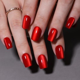 SHANGMENG Cat Eye Press on Nails Short - Soft Gel Press on Nails Square with Nail Glue, Fit Perfectly Fake Nails for Women Gift, Natural Stick on Nails in 16 Sizes - 32 Reusable Fake Nails, Bright Red