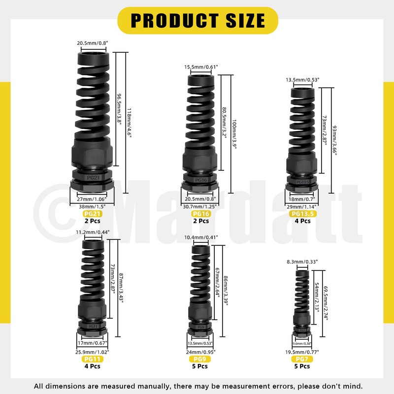 Mardatt 22PCS PG7 PG9 PG11 PG13.5 PG16 PG21 Black Waterproof