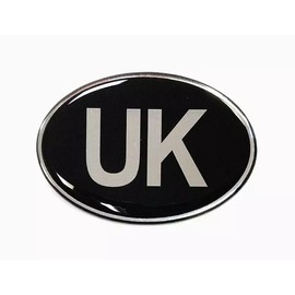UK Oval Small 50mm x 35mm Car Sticker - Retro - Chrome on BLACK- GLOSS DOMED GEL