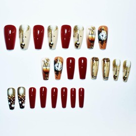 Medium Press on Nails Coffin Fake Nails with Clock Design Wine Glass Nails Press Ons Full Cover Red Glue on Nail Glossy Holiday Christmas Balls False Nail for Women Nail Art Decoration 24Pcs