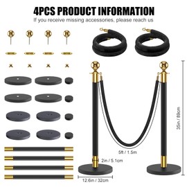 kaiyomi 4Pcs Stanchions with Black Velvet Ropes Set, 5 Feet Velvet Ropes and Posts Poles for Red Carpet Party Decoration and 360° Photo Booth (Golden & Black)