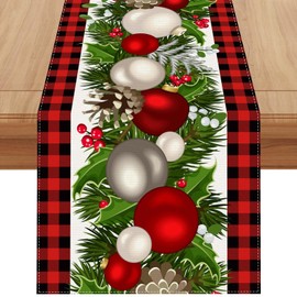 Jiudungs Linen Red and Black Buffalo Check Plaid Christmas Table Runner 108 Inches Long Farmhouse Winter Christmas Xmas Holiday Home Kitchen Table Decorations