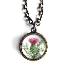 Scottish Thistle Simple Reversible Cottage Core Glass Cabochon Pendant Necklace