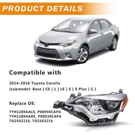 Headlights Assembly Compatible with 2014 2015 2016 Toyota Corolla Projector Headlights Headlamps Pair, Chrome Housing Amber