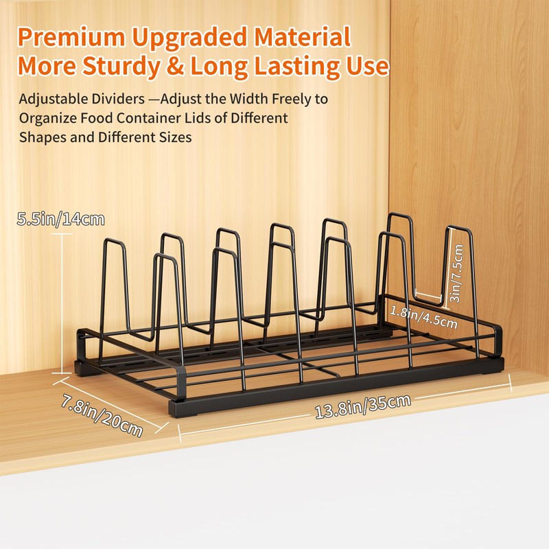 Food Container Lid Organizer for Cabinet, 6 Adjustable Dividers Metal