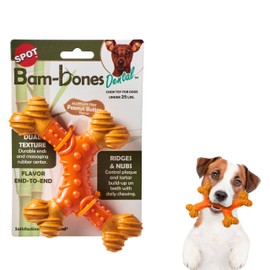 SPOT Bam-Bones Dental X-Bone - Made with Bamboo Fiber and a Massaging Rubber Center, Durable Oral Care Dog Chew for Light Chewers & Teething Puppies under 25lbs, 6in Allergen Free Peanut Butter Flavor