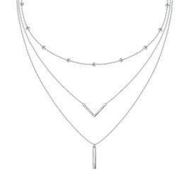 HOOHWE Layered Necklace 925 Sterling Silver Bar layered Triple 3 Stacked Layering Necklaces Multilayer Necklace Triple 3 Chains Necklace Long Chain Jewelry