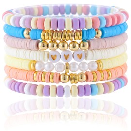 CCINPPY Friendship Bracelets Trendy Heishi Clay Bead Bracelets Stack Gold Beaded Stretch Bracelets for Women Boho Stackable Bracelets Bulk Cute Preppy Jewelry, Beach