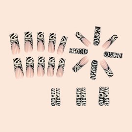 LYMCY Press on Nails French, Black and White Extra Long Nails Irregular Grid Lines Leopard Geometric Fake Nails, Artificial Nails for Women and Girls -24 pcs