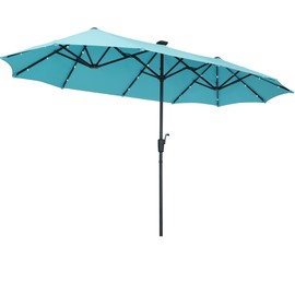 OVASTLKUY 13Ft Patio Umbrella with Solar Lights Outdoor Double-Sided Market Extra Large Table Umbrella Easy Crank for Yard, Poolside, Deck-Blue