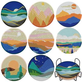 8 Pcs Diamond Art Coasters with Holder, Abstract Art DIY Diamond Painting Coasters Kits for Beginners/Adults/Kids (Abstract Landscape Painting)