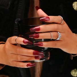 MLEN DIARY Press on Nails Coffin Medium Fake Nails Acrylic Full Cover Stick on Nails Valentines False Nails for Women and Girls (24 PCS)