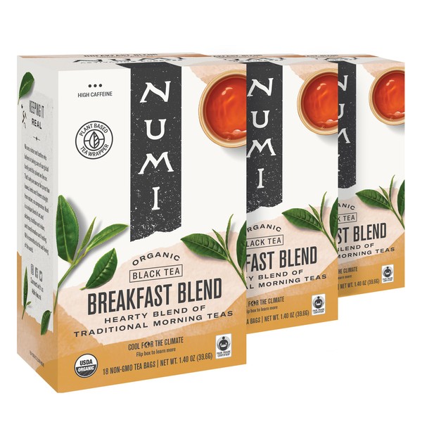 Numi Organic Breakfast Blend Tea, 18 Tea Bags (Pack of 3), Assam, Ceylon & Darjeeling Black Teas (Packaging May Vary)
