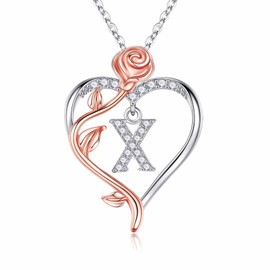 Iefil Sterling Silver Necklace for Women, I Love You Romantic Gifts for Her Rose Love Heart Initial X Letter Pendant Necklace Jewelry, Anniversary Birthday