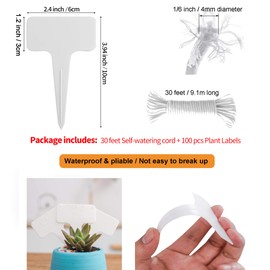 ORIMERC 100 Pcs 6 x 10cm Plant Labels with 30 Feet Self Watering Wick Cord for Vacation Self-Watering Planter Pot DIY Automatic Watering Device Potted Plant Sitter Auto Drip Waterer Garden Tag Marker