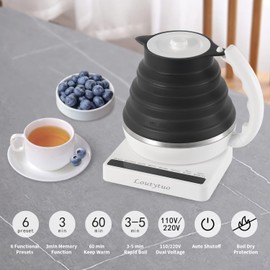 Ultrathin Food Grade Silicone Travel Foldable Electric Kettle Variable Temperature Control with Dual Voltage, Auto Shutoff & Boil Dry Protection & Keep Warm, 555ML 110-220V US Plug