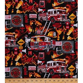 Cotton Firefighters Firemen Fire Engines Trucks Dalmatians Dogs Fire Department Emblem Equipment Flames Heroes Rescue Cotton Fabric Print by The Yard (FIRE-C5501)