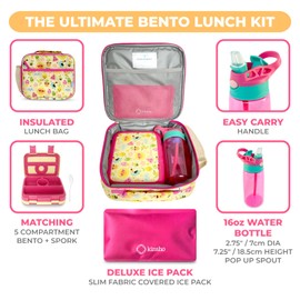 Bento Lunch Box with Insulated Bag, Water Bottle Ice Pack Set for Kids Toddlers, 5 Portion Sections, BPA Free Removable Tray, Pre-School Kid Toddler Daycare Lunches, Snack Container, Summer Set