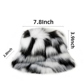 Winter Fluffy Faux Fur Bucket Hat for Women Fuzzy Warm Fisherman Cap Outdoor Thick Winter Rainbow Plush Hat (Black White)