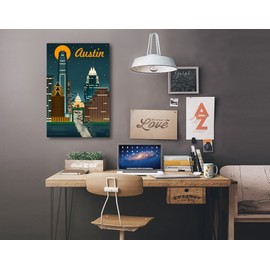 Lantern Press Austin, Texas, Retro Skyline, (12x18 Wrapped Canvas, Wall Decor, Artwork)