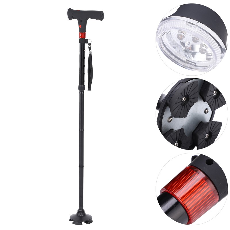 Aluminum Alloy Folding Light Cane Elderly Four‑legged with Lamp Non‑slip